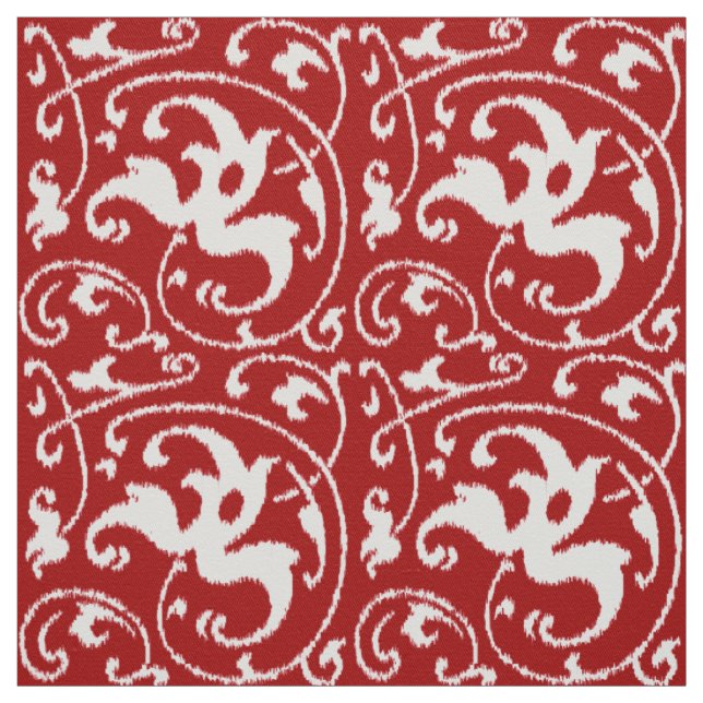 Tecido Ikat Floral Damask - Vermelho escuro e branco (Modelo)