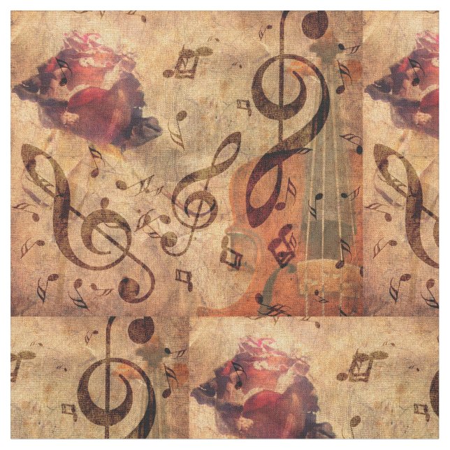 Tecido Ilustração com rosa e violino (Detalhe)