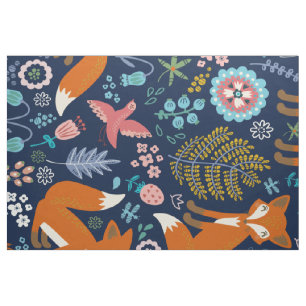Tecido Ilustração das raposas e flores abstrato
