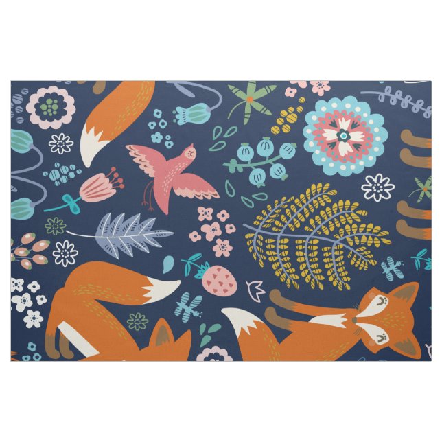 Tecido Ilustração das raposas e flores abstrato (Fat Quarter)