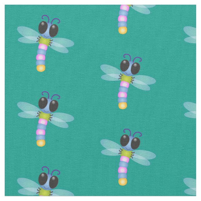 Tecido Ilustração de desenho animado de libélula, azul e  (Detalhe)