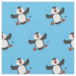 Tecido Imagem azul de desenho animado de puffin voador e 
