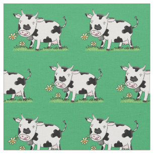 Tecido Imagem de desenho animado de uma vaca em verde