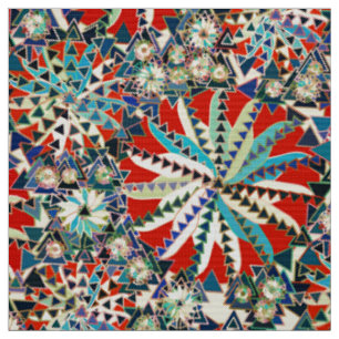 Tecido Impressão de Mandala Tribal, Vermelho, Azul e Cre