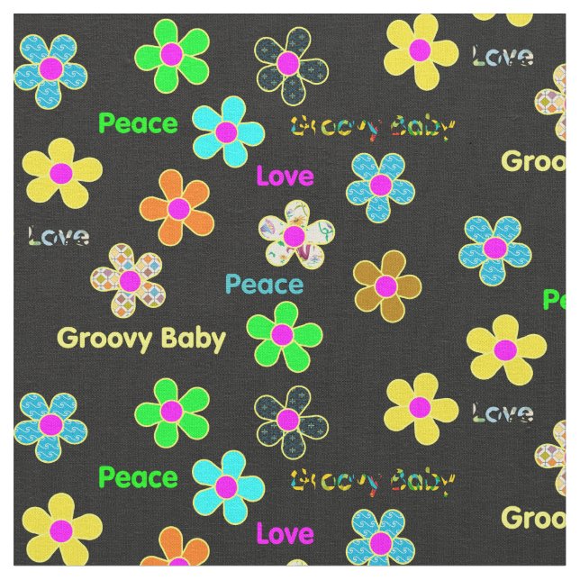 Tecido Impressão Groovy psicadélico preto das flores 60s (Detalhe)
