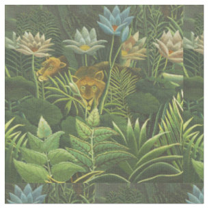 Tecido Impressão Vintage de Leão na Selva Tropical de Hen