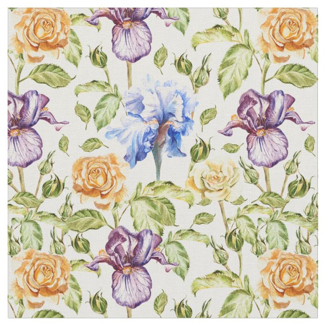 Tecido Iris e rosa aquarela padrão floral (Detalhe)