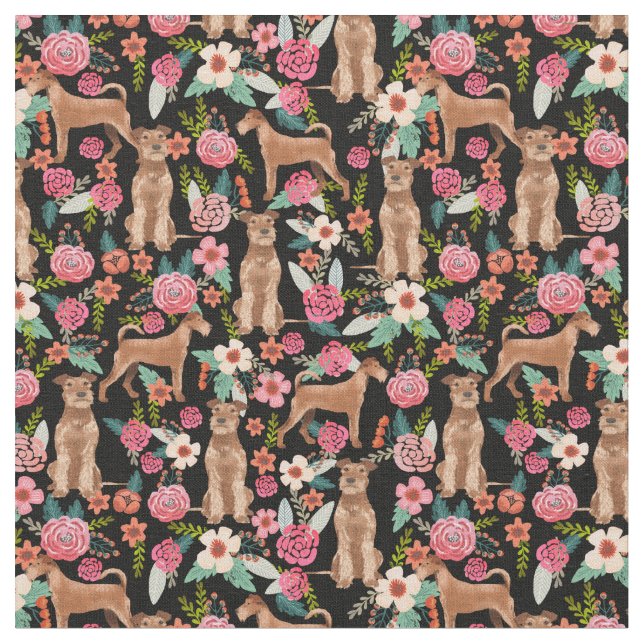 Tecido Irish terrier dogs vintage florals black (Detalhe)