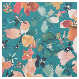Tecido ISLAND TIME Watercolor Tropical Floral no Teal
