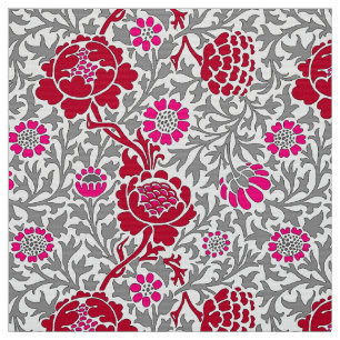 Tecido Jacobean Floral, Deep Red Pink e Cinzas