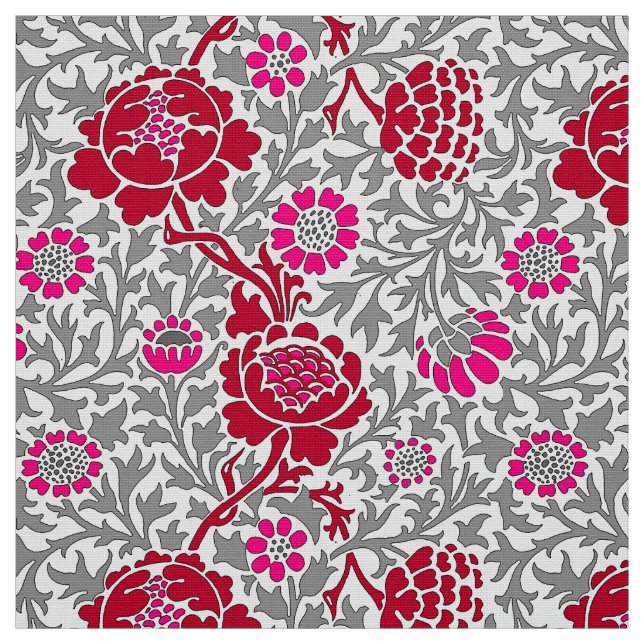Tecido Jacobean Floral, Deep Red Pink e Cinzas (Modelo)