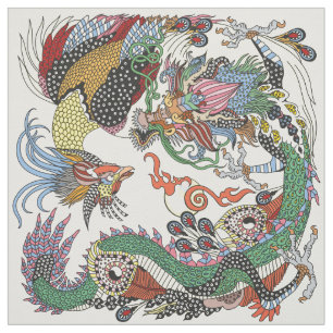 Tecido Jade Dragon e Dourada Phoenix brincando com uma p