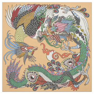 Tecido Jade Dragon e Dourada Phoenix brincando com uma p