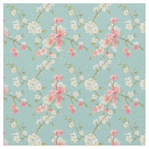Tecido Japonês, flor de cerejeira, cerceta, branco, rosa