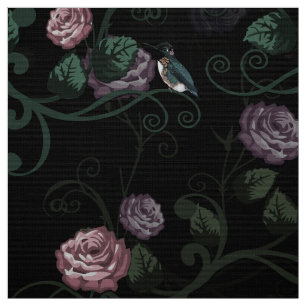 Tecido Jardim de Rosa Floral Escuro Elegante Com Aves Hum
