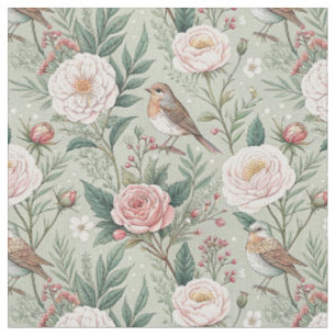 Tecido Jardim Inglês Pássaro & Peônia Padrão Floral Arte