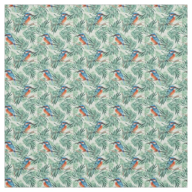 Tecido Kingfisher. Aves e folhas (Modelo)