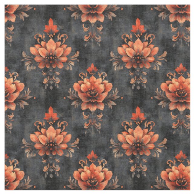 Tecido Laranja - Damasco Floral em Preto Distinto (Detalhe)