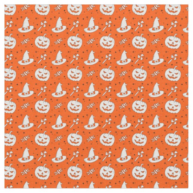 Tecido Laranja Halloween com chapéus brancos e doces (Detalhe)