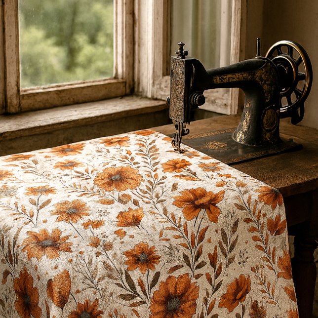 Tecido Laranja Queimada Botânica em Floral Branco (Criador carregado)