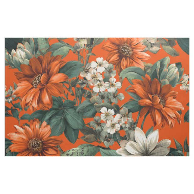 Tecido Laranja Rústico Verde Botânico Ousado Floral Vinta (Jarda)