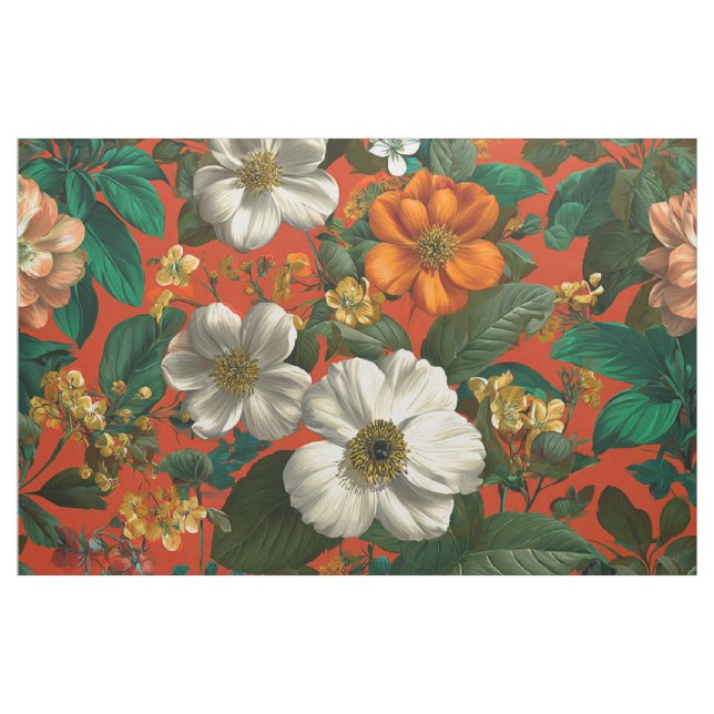 Tecido Laranja Rústico Verde Botânico Ousado Floral Vinta (Jarda)