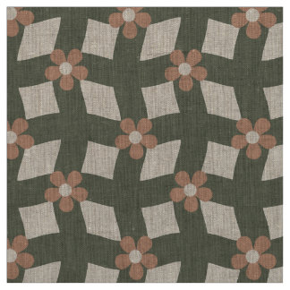 Tecido Large Olive Abstract Floral Grid - Natural Linen