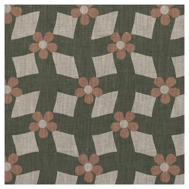 Tecido Large Olive Abstract Floral Grid - Natural Linen (Modelo)