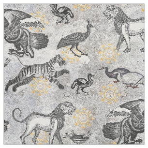 Tecido Leão Dourado de Mosaico Branco Elegante, Tigre, 