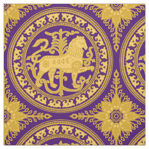 Tecido Leão Esztergom, Amarelo em Roxo Profundo