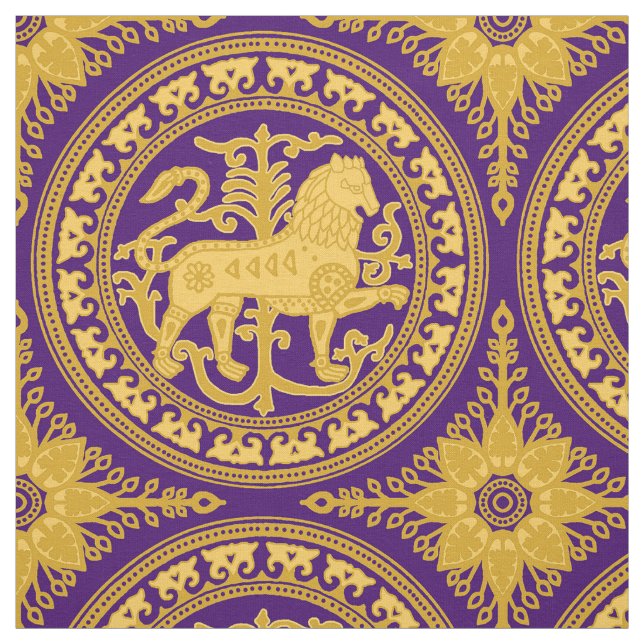 Tecido Leão Esztergom, Amarelo em Roxo Profundo (Modelo)