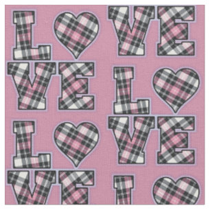 Tecido Letras de LOVE Empilhadas em Xadrez Rosa e Preto