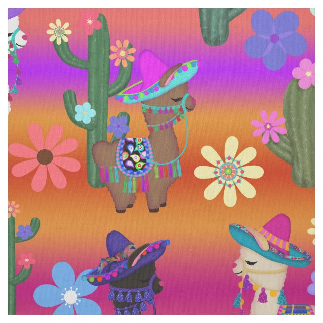 Tecido Lhamas em Sombreros e Cactos (Modelo)