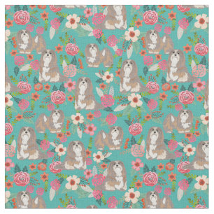 Tecido Lhasa Apso cão vintage floresce turquesa