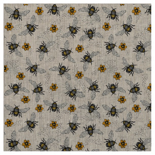 Tecido Linen Rustic Natural Illustrated Honey Bee Floral
