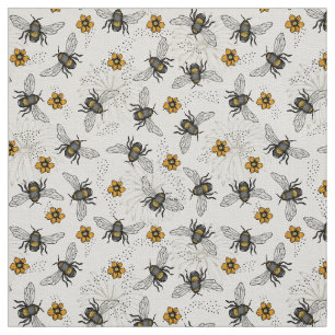 Tecido Linen Rustic Natural Illustrated Honey Bee Floral
