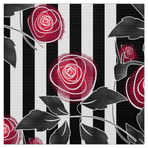Tecido Linha listrada preta branca das rosas vermelhas