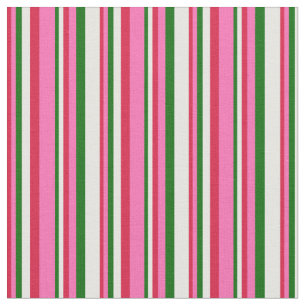 Tecido Linhas de Creme, Rosa Quente, Verde Escuro e Creme