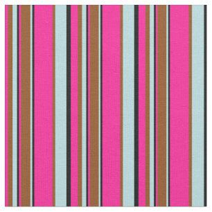 Tecido Linhas Rosa Profundo, Preto, Azul Pó e Castanho