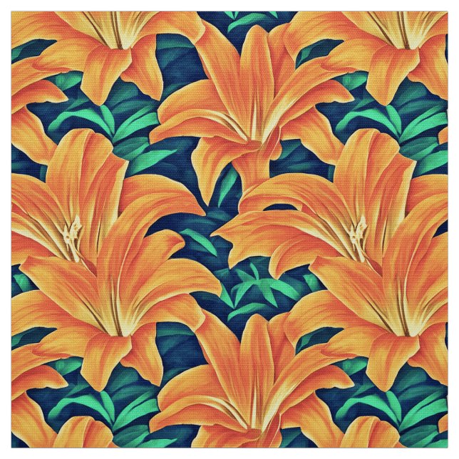 Tecido Lírios do Dia Laranja com Folhas Verdes (Modelo)