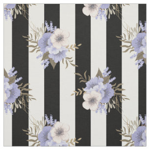 Tecido Listra Preta e Branca com Floral Azul e Creme