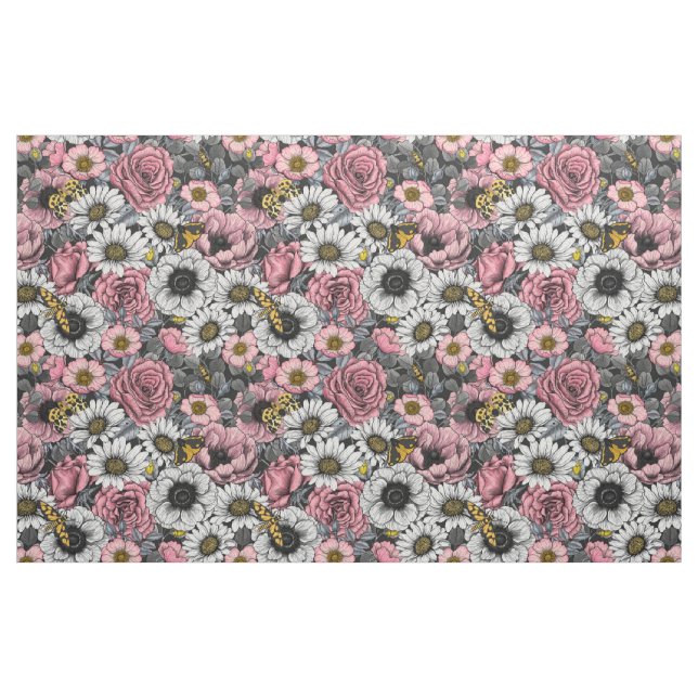 Tecido Luzes sobre mistura de flores em rosa e cinzas (Fat Quarter)