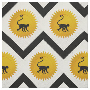 Tecido Macaco chinês Zodiac Branco, Dourado e Preto