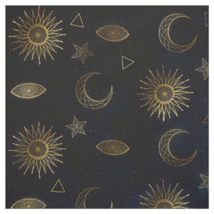 Tecido Magia Dourada Sol-Lua Estrelas Azul Escuro