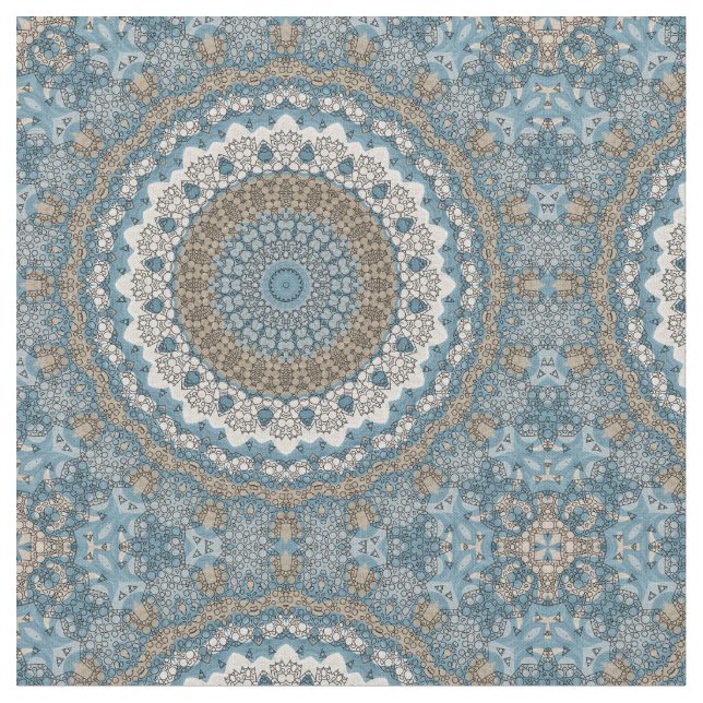 Tecido Mandala Azul e Bege Intrincado Padrão Geométrico (Detalhe)