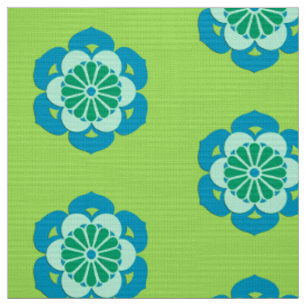 Tecido Mandala da flor de Lotus, verde limão e luz - azu