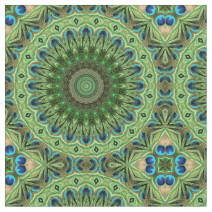 Tecido Mandala de Pena de Pavão Simetria Esmeralda e Azul