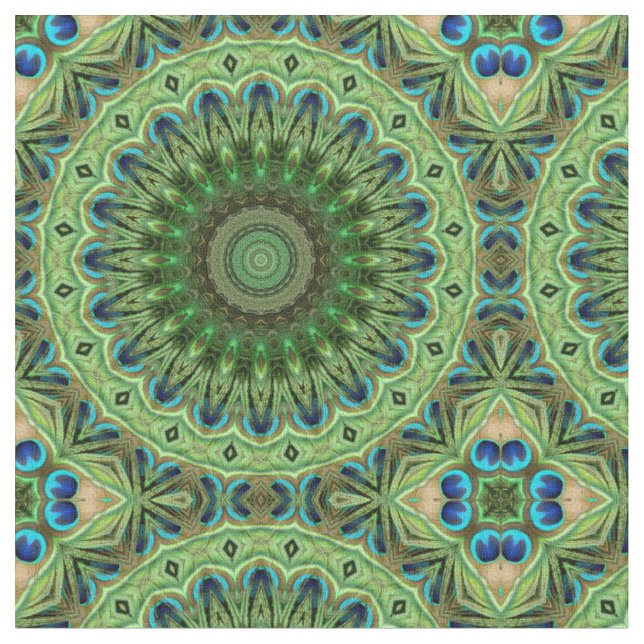 Tecido Mandala de Pena de Pavão Simetria Esmeralda e Azul (Detalhe)
