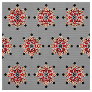 Tecido Mandala, vermelho, preto e cinzas/cinza de oito