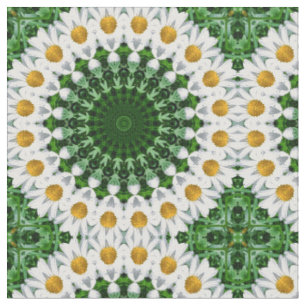 Tecido Mandalas de Margarida Branca com Simetria Verde Fr